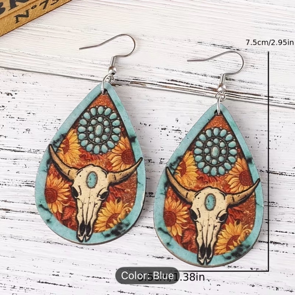 Boho Skull Sunflower Turquoise Teardrop Earrings‎ Western Statement Earrings - Picture 4 of 5